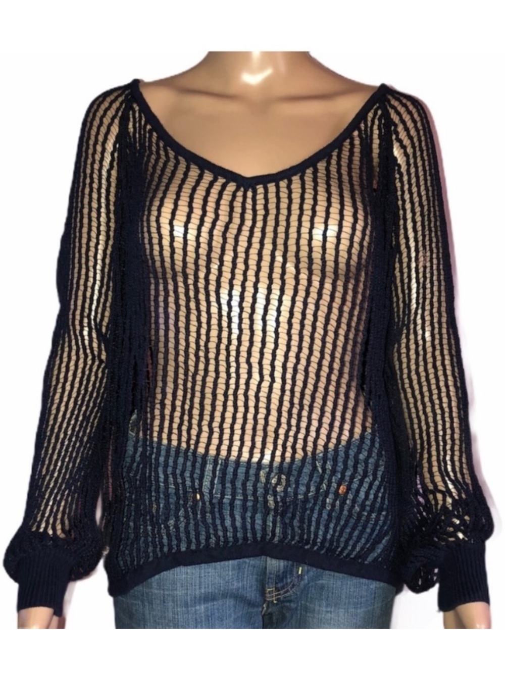 FREE PEOPLE Mesh Top Navy Blue XL